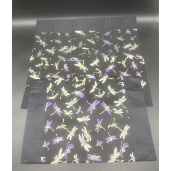 VTG EMPEROR SILK Dragonfly/Firefly Black W/ Purple & Green Placemats Set Of 4 - Picture 2 of 6